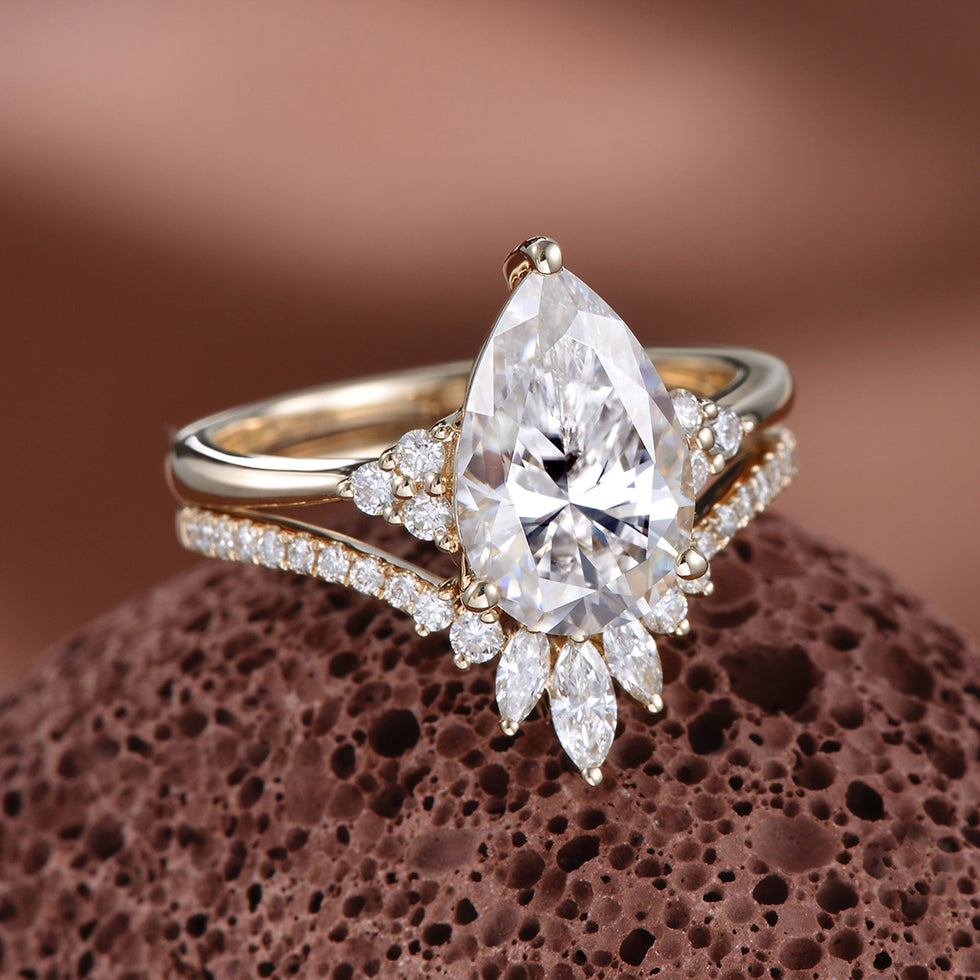 Classic Engagement - Pear Moissanite Engagement Ring Set 2pcs - Lydia
