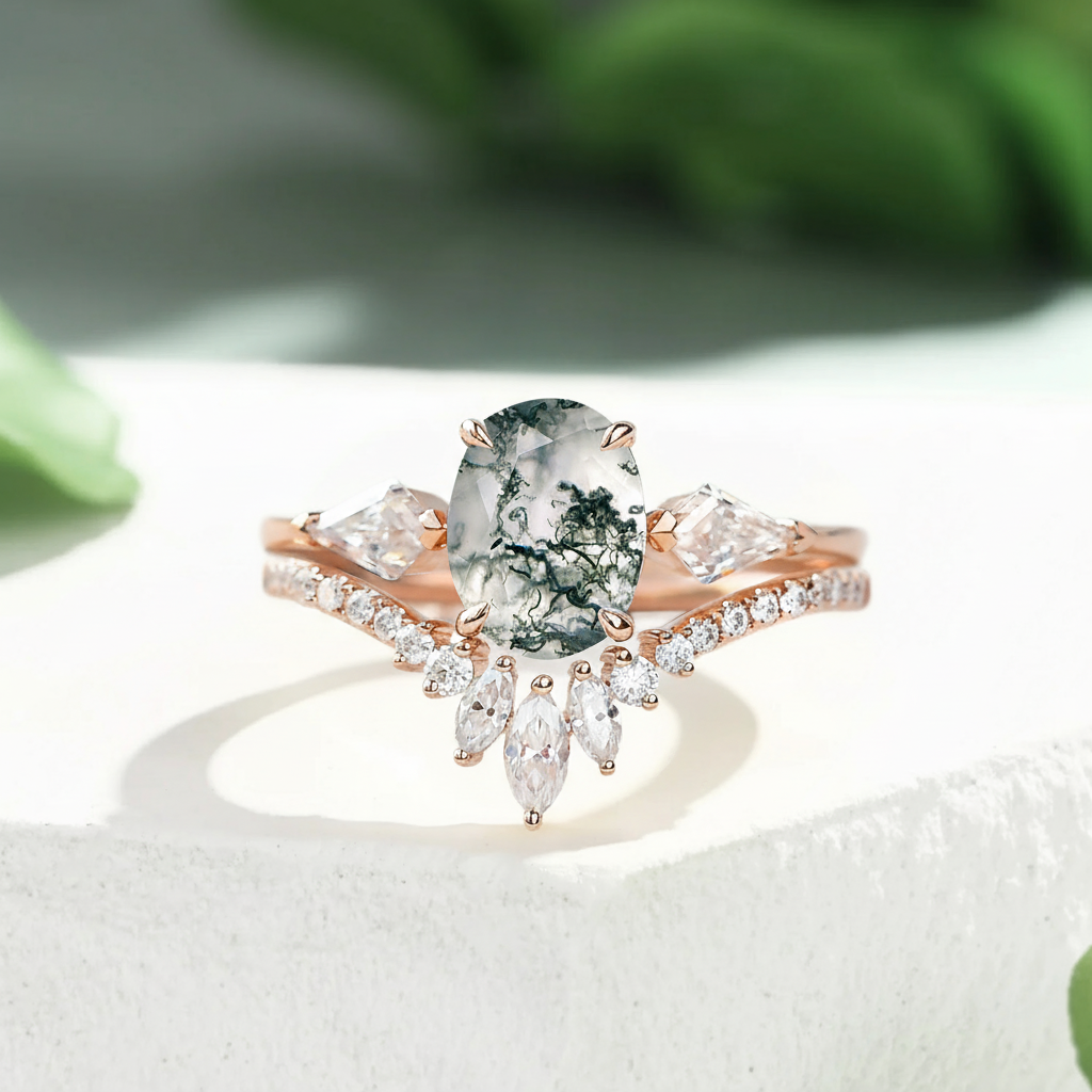 1.5ct Oval Moss Agate Kite Three Stones Engagement Ring Set 2pcs