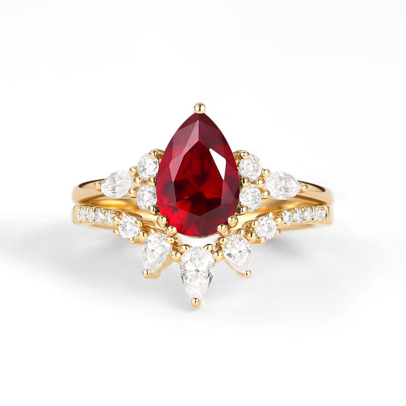 Pear Shaped Lab Ruby Engagement Ring Set 2pcs - Sage