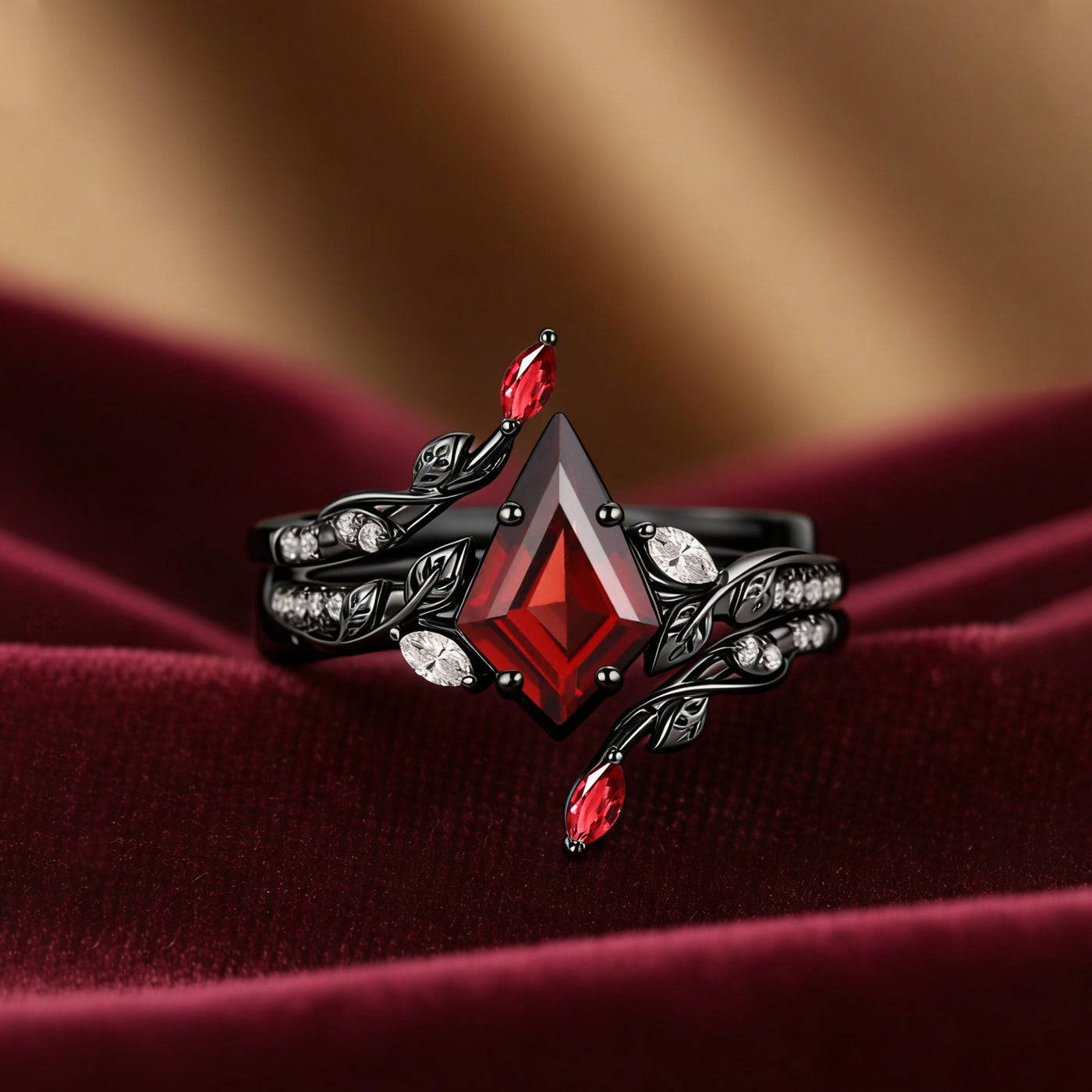 Leafy Vintage Kite Cut Garnet Cage Engagement Ring Set 2pcs - Breeze
