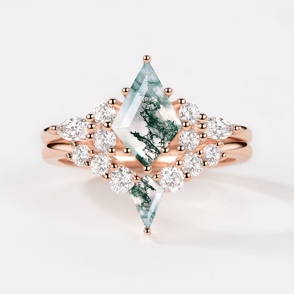 Twinning Rings Kite Cut Unique Moss Agate Twinning Kites Engagement Ring Sets 2pcs ...
