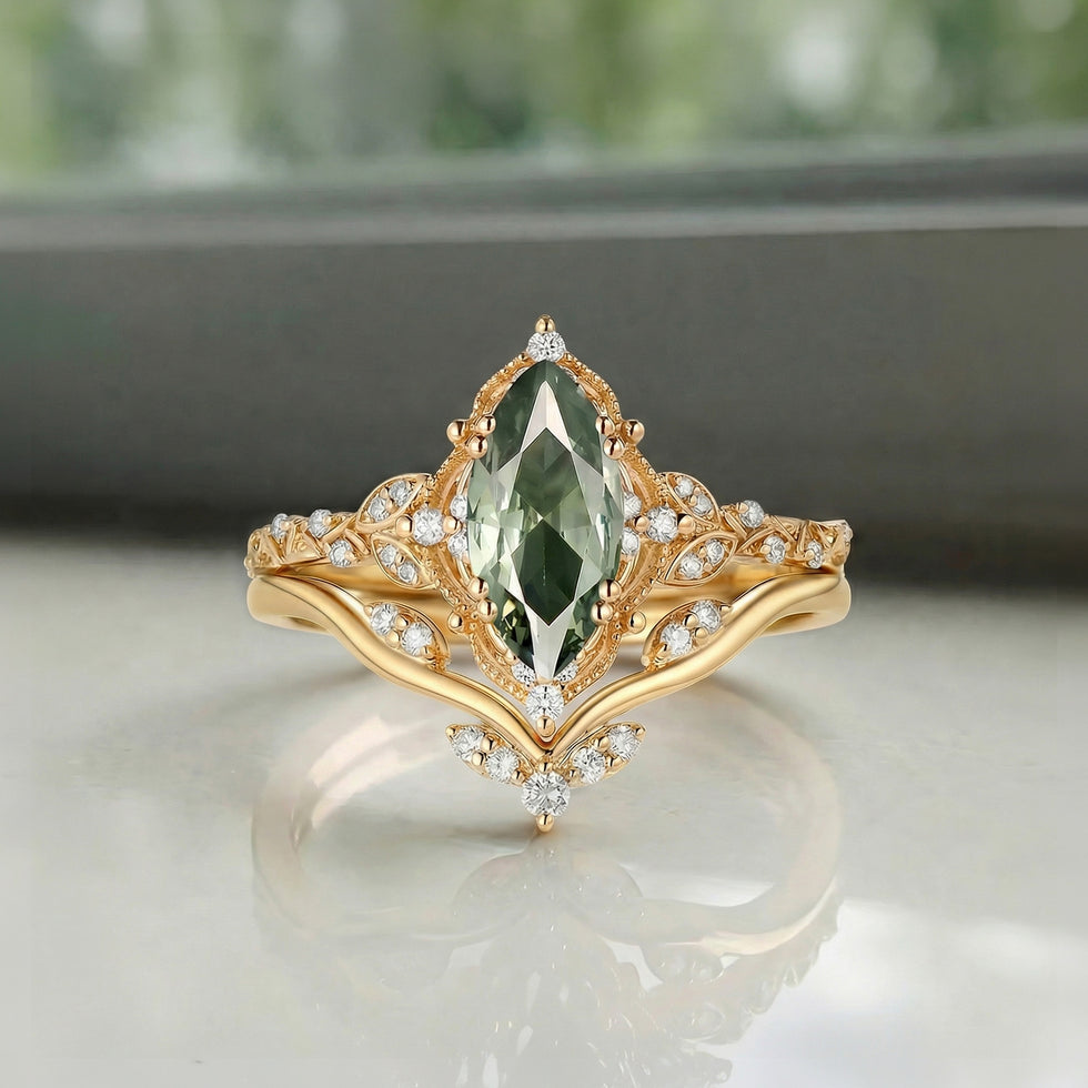 Marquise Vintage Lab Green Sapphire Engagement Ring Sets 2pcs - Arundel