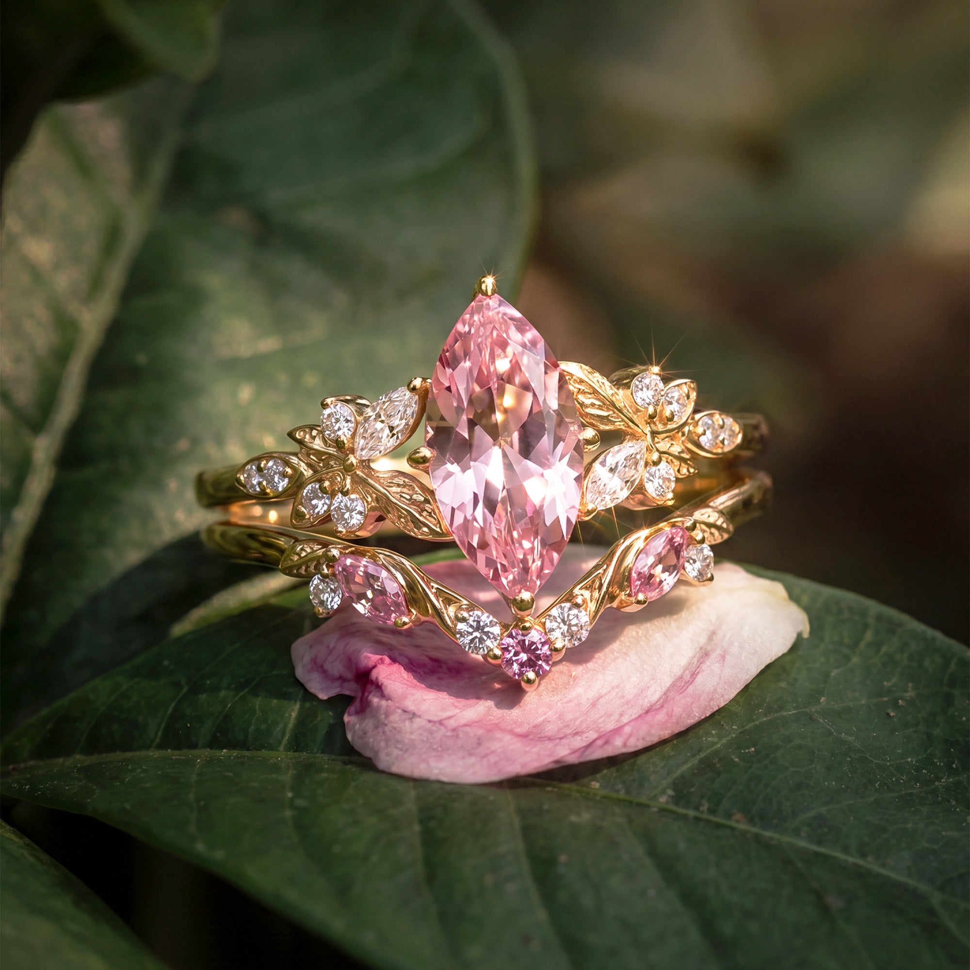 Marquise Lab Pink Sapphire Leafy Engagement Ring Sets 2pcs - Peony