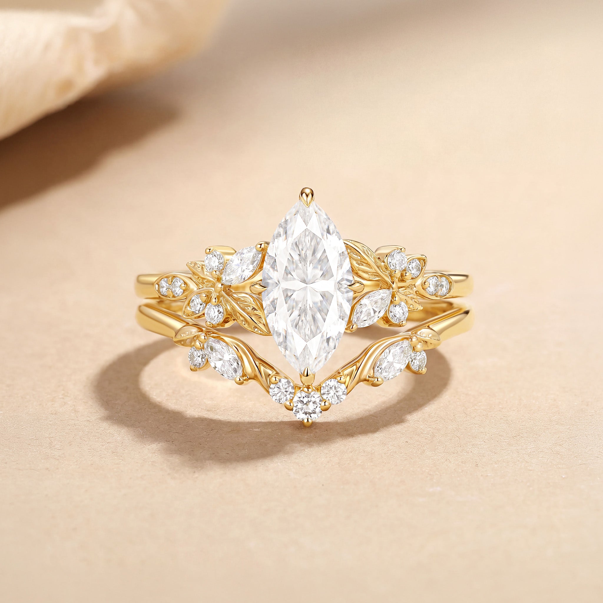 Marquise Moissanite Leafy Engagement Ring Sets 2pcs - Peony