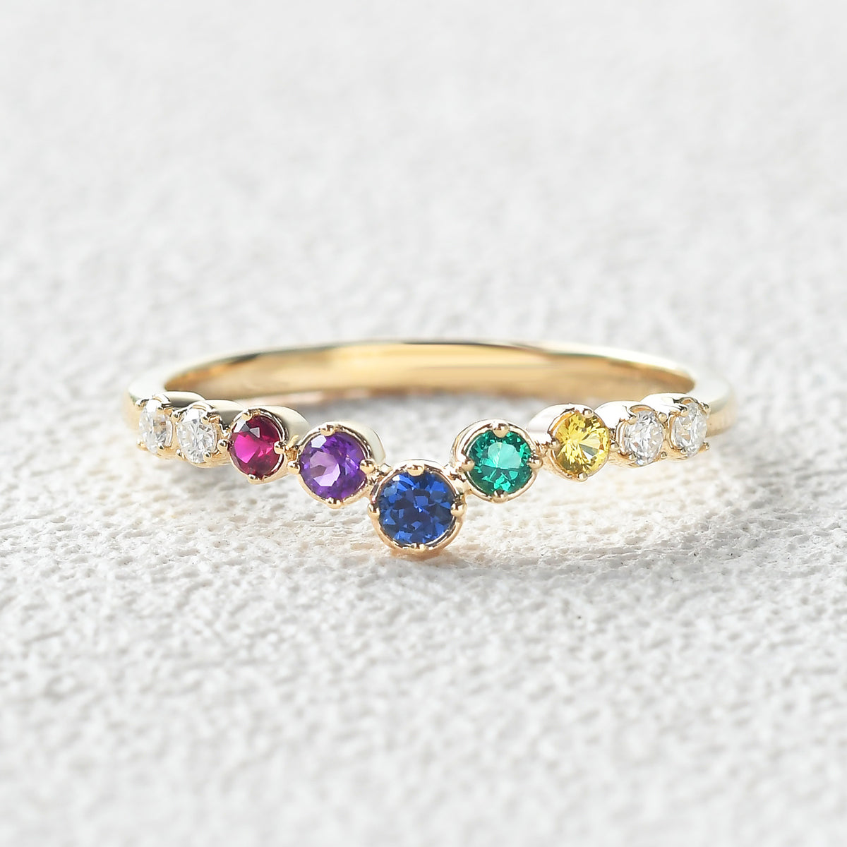 Curved V Shaped Rainbow Lab Sapphire Gemstones Yellow Gold Ring ...