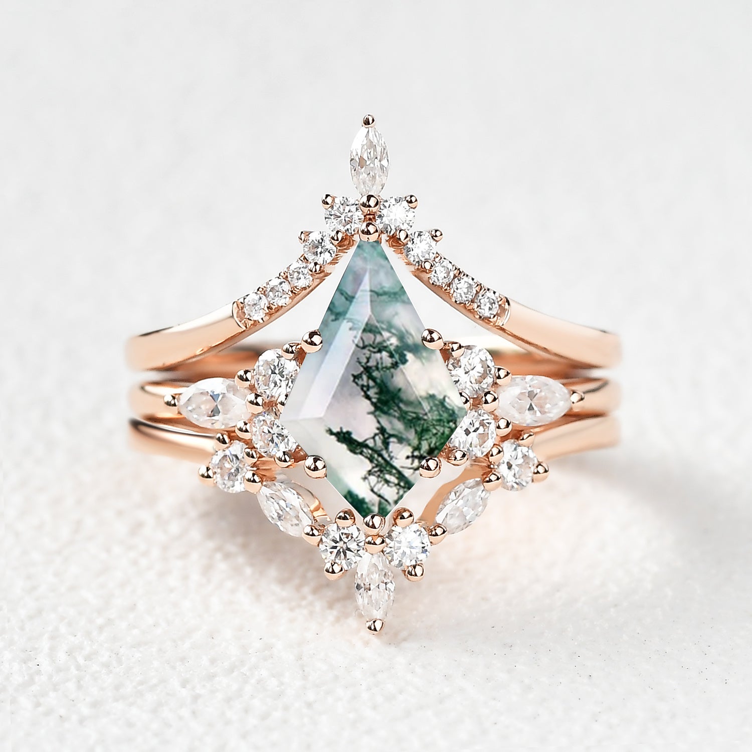 Moss Agate Ring Set – 1 CT Kite Cut Engagement Ring & Band In 925 Sterling Silver With 18K White Gold Plate