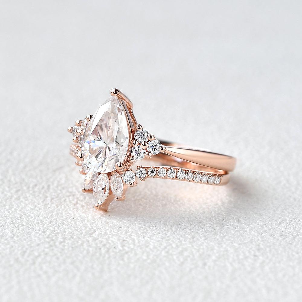 Pear Shaped Moissanite Rose Gold Ring Set 2pcs - Felicegals