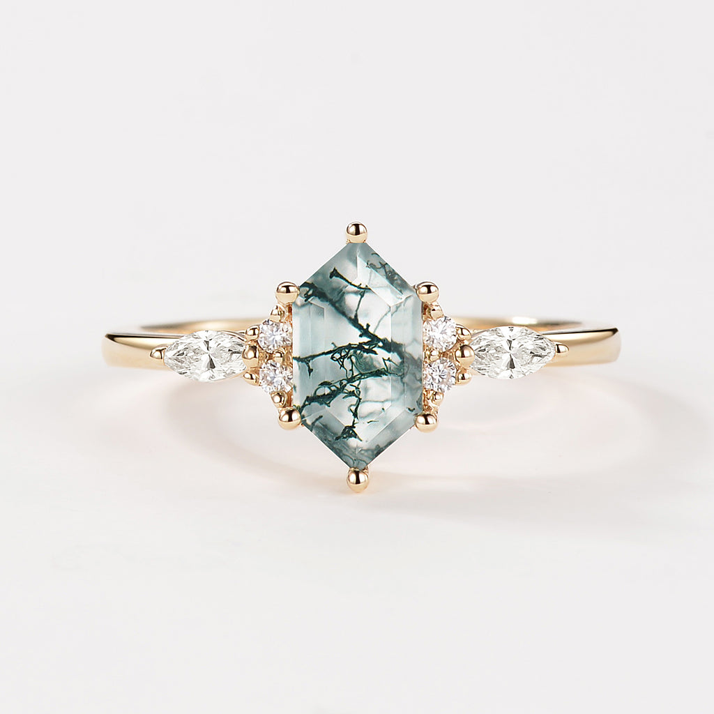 Geometric Hexagon Moss Agate Marquise Engagement Ring