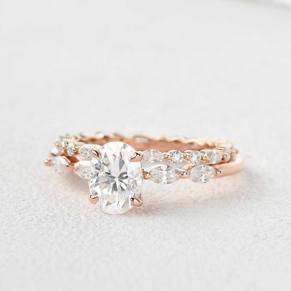1.5ct Oval Cut Moissanite Vintage Inspired Rose Gold Ring Set 2pcs - Felicegals 丨Wedding ring 丨Fashion ring 丨Diamond ring 丨Gemstone ring--Felicegals 丨Wedding ring 丨Fashion ring 丨Diamond ring 丨Gemstone ring