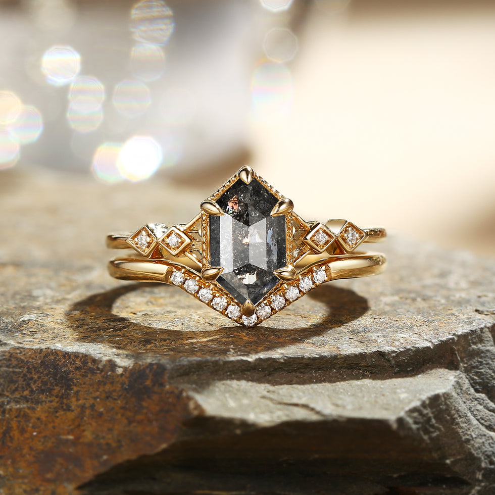 Hexagon Salt and Pepper Diamonds Ring Set 2pcs - Druk