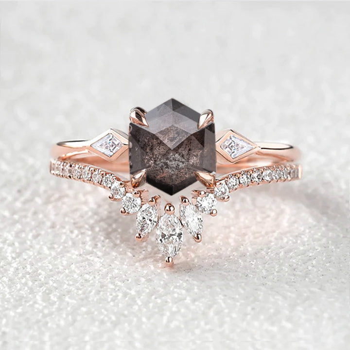 Hexagon Salt and Pepper Diamonds Three Stone Engagement Ring Set 2pcs