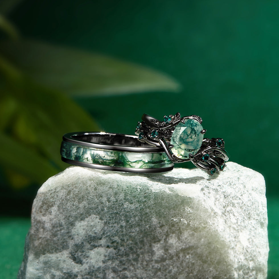 Nature Inspired - Oval Cut Moss Agate Leafy Black Gold Couple Ring Set 3pcs - Mossy