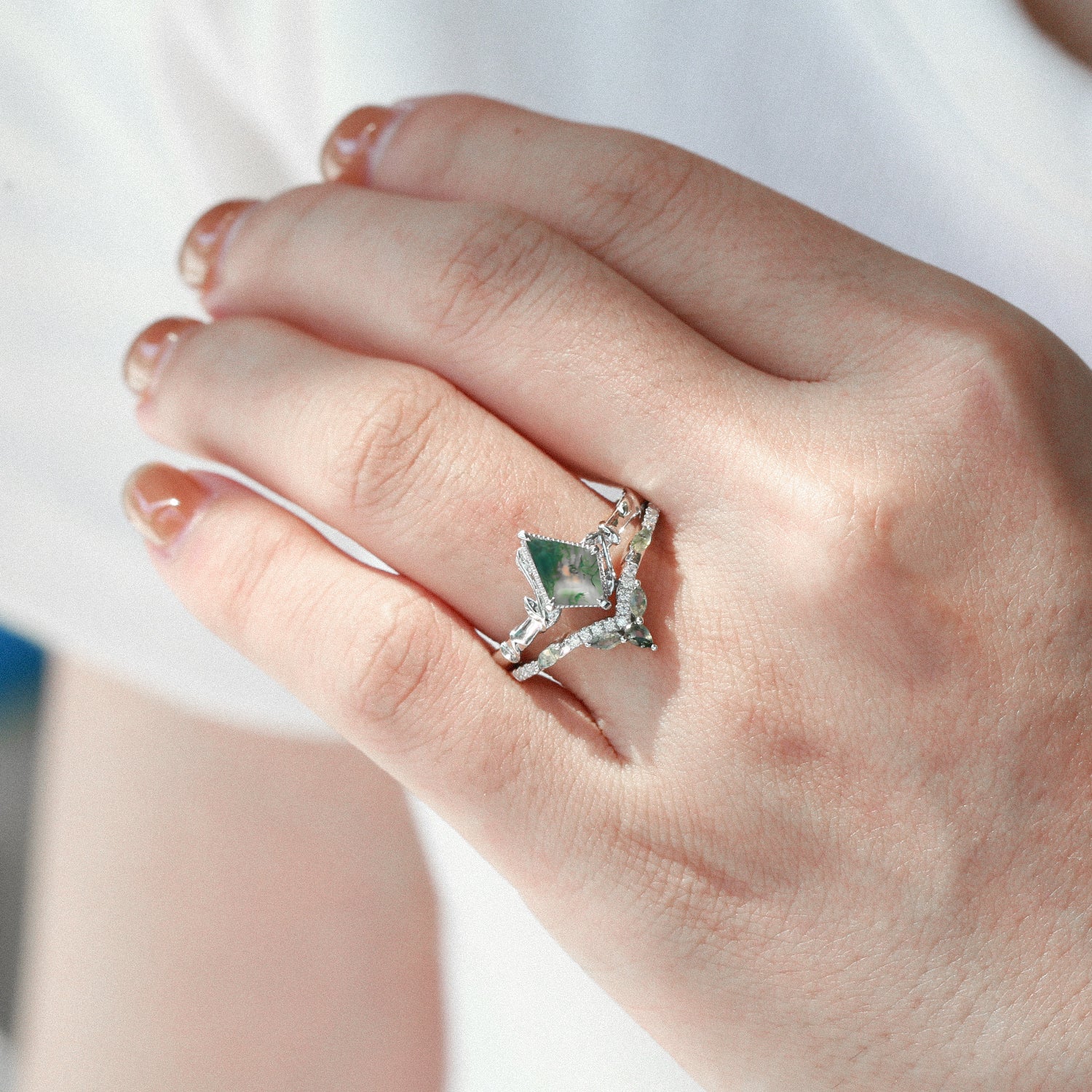 Shop Kite Cut Moss Agate Leafy Engagement Ring Sets 2pcs Now