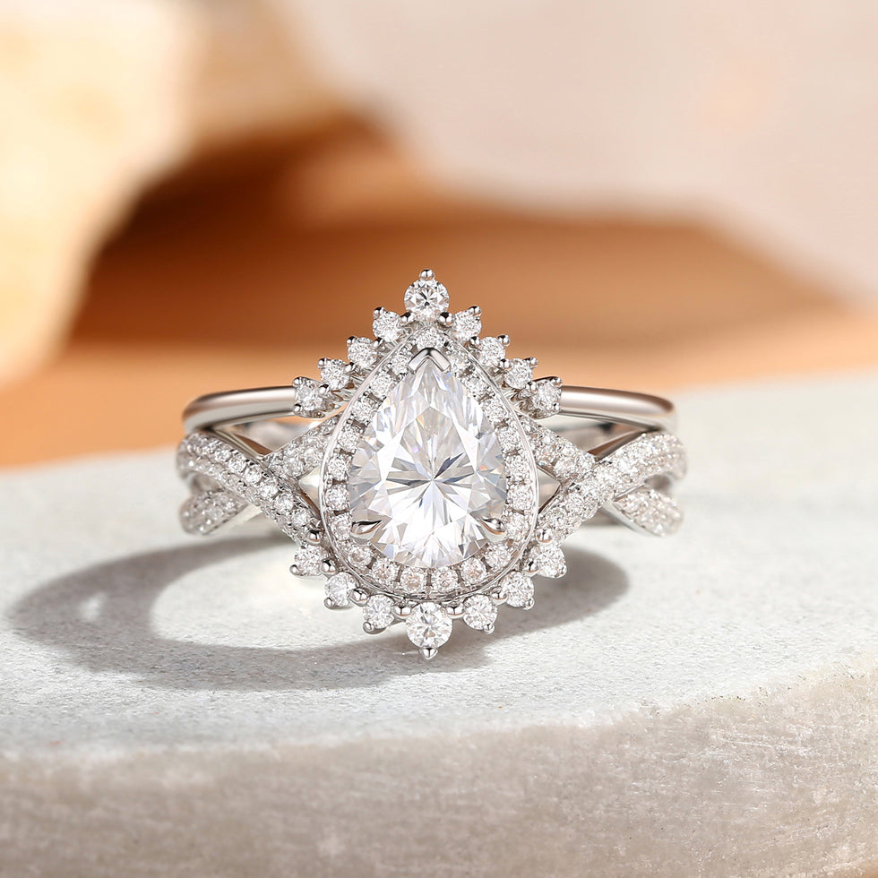 Pear Moissanite Halo Infinity Ring Set 2pcs - Valentina