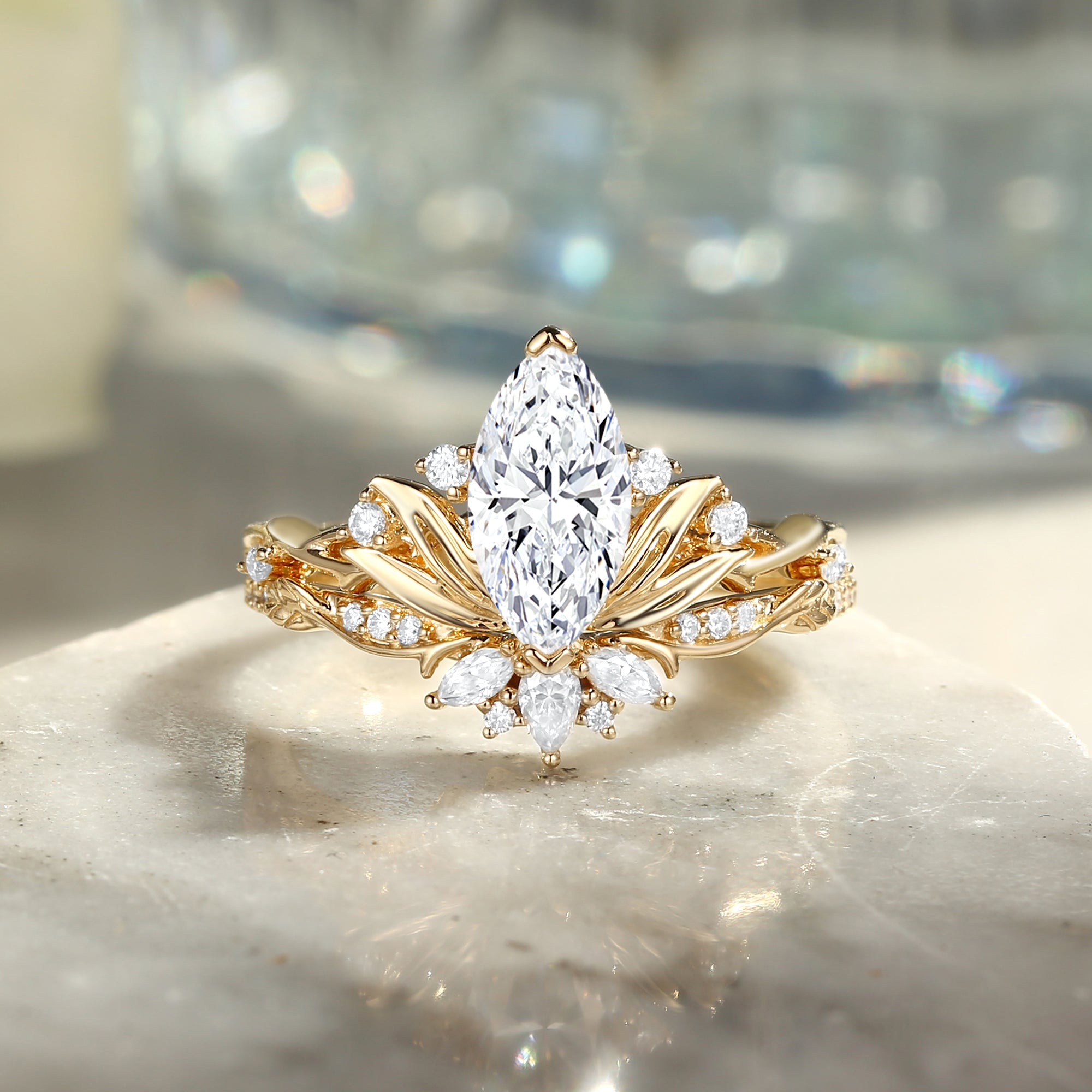 Lotus Flower Lab Grown Diamond Engagement Ring Sets 2pcs Padmara