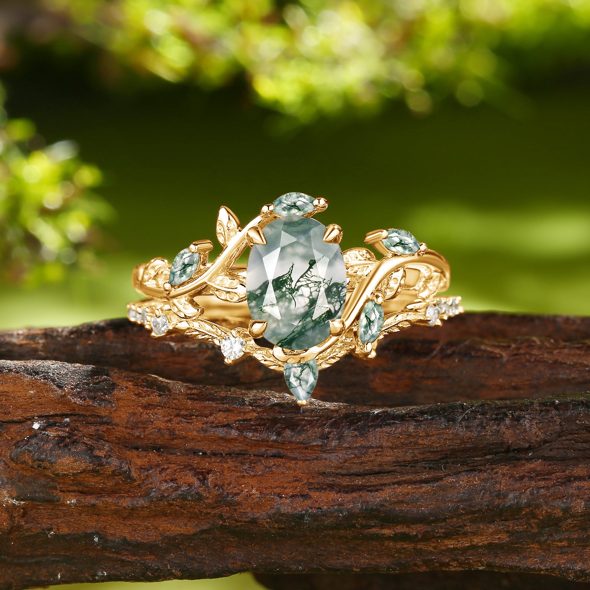 Oval Green Moss Agate Vine Engagement Ring Set 2pcs - Daphne
