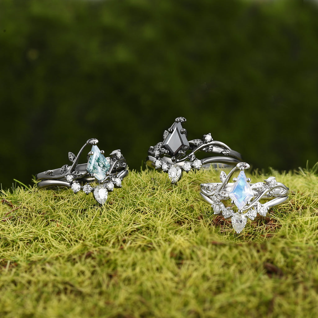 Unique Kite Cut Moss Agate Leafy Bridal Ring Sets 2pcs - Willow