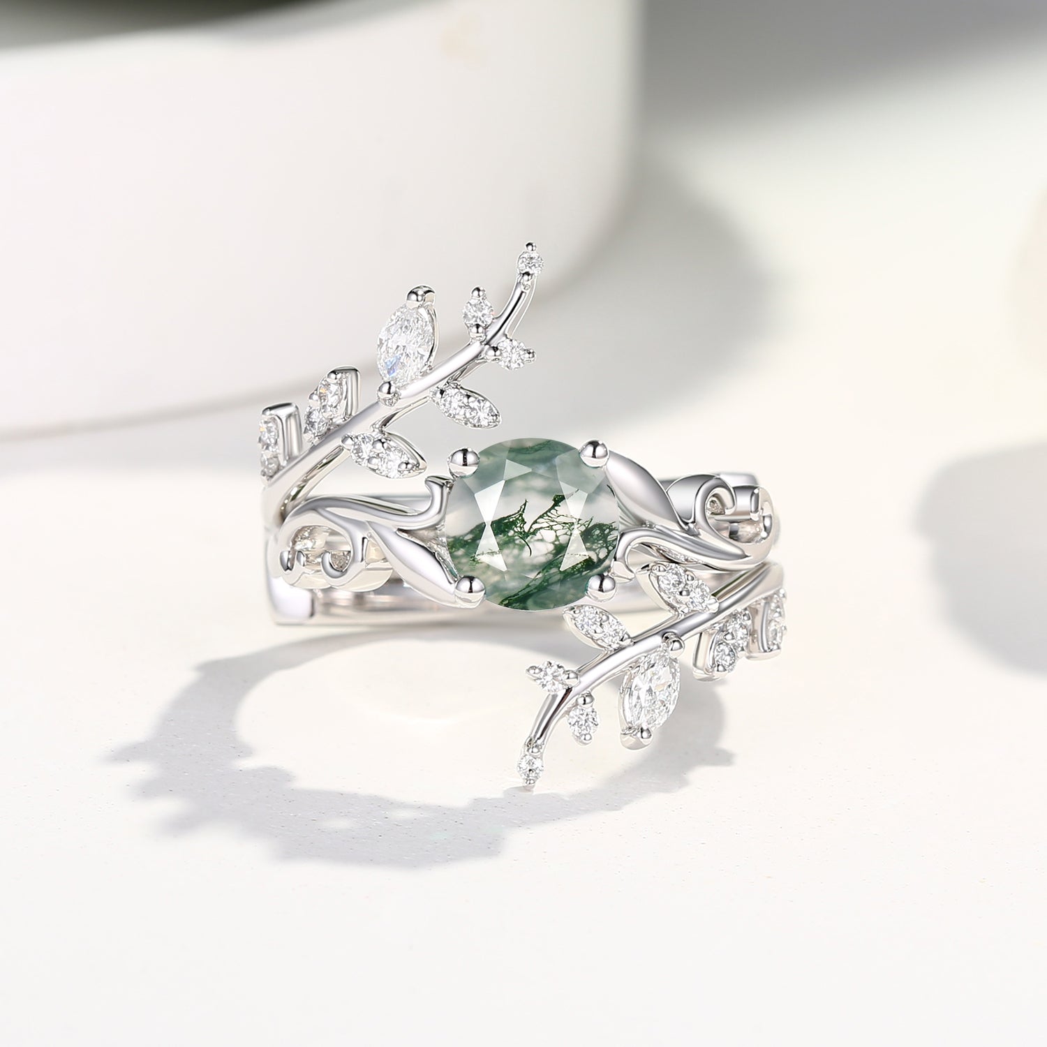 Round Shaped Vine Moss Agate Engagement Ring Sets 2PCS