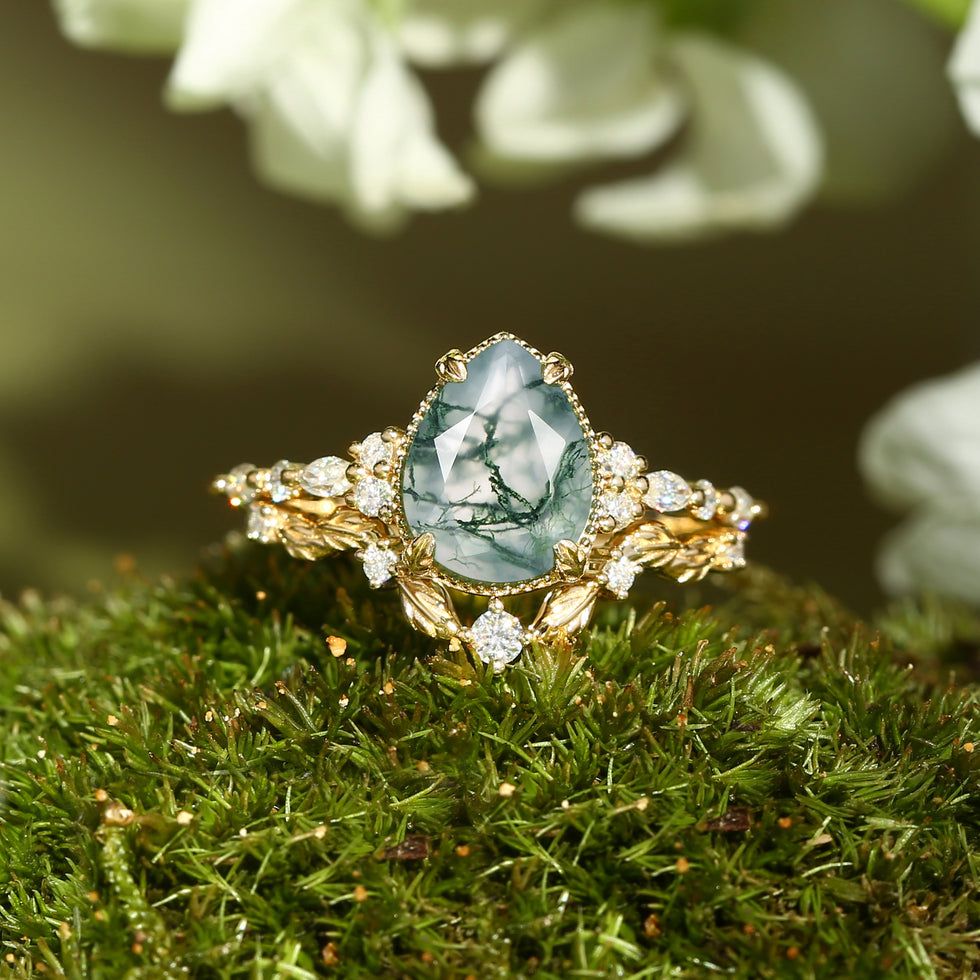Vintage Pear Shaped Moss Agate Leafy Ring Set 2pcs - Bryony