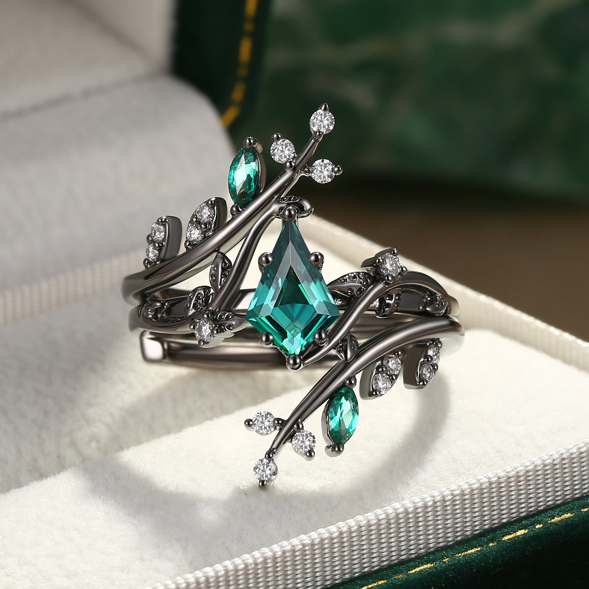 Unique Kite Cut Lab Emerald Cage Leafy Engagement Ring Sets 2pcs - Knight