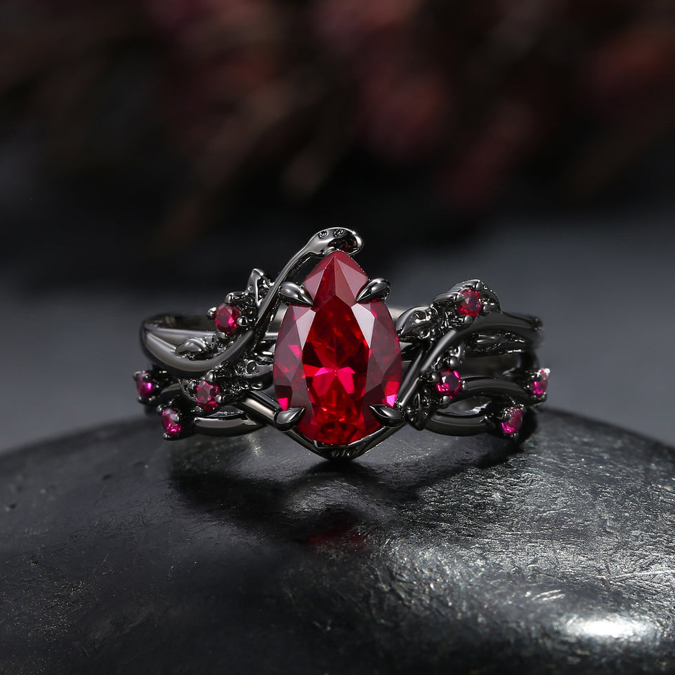 Nature Inspired - Pear Shaped Lab Ruby Leafy Ring Set 2pcs - Mossy