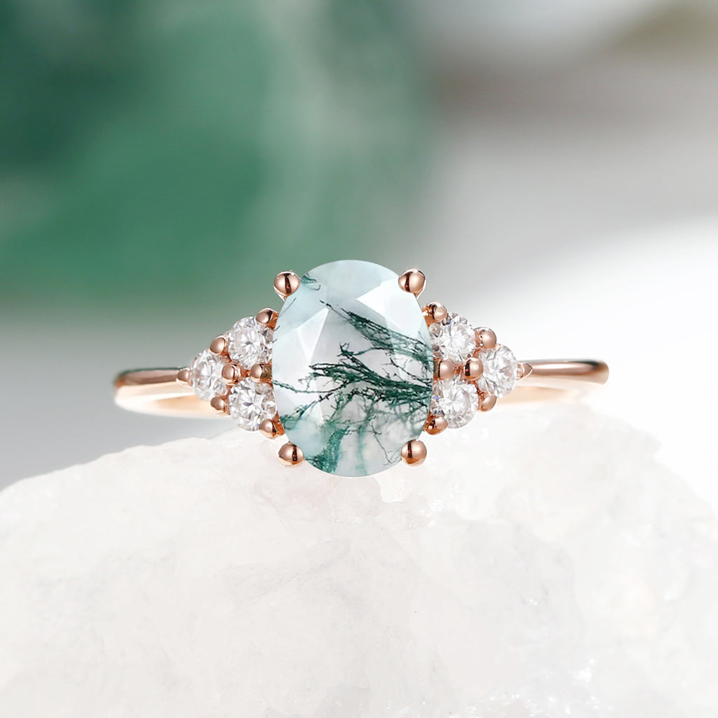 Oval Moss Agate Classic Cluster Engagement Ring - Aurora