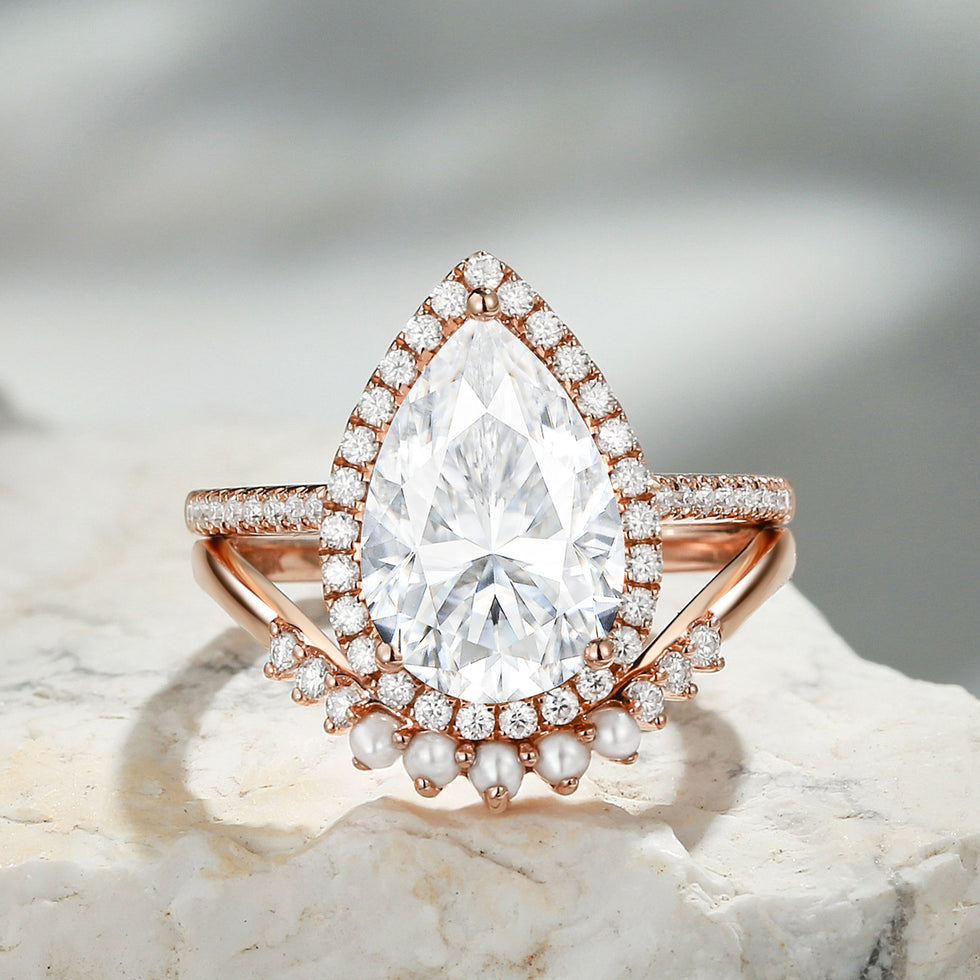 Pear Moissanite & Pearl Classic Halo Ring Set 2pcs - Verena