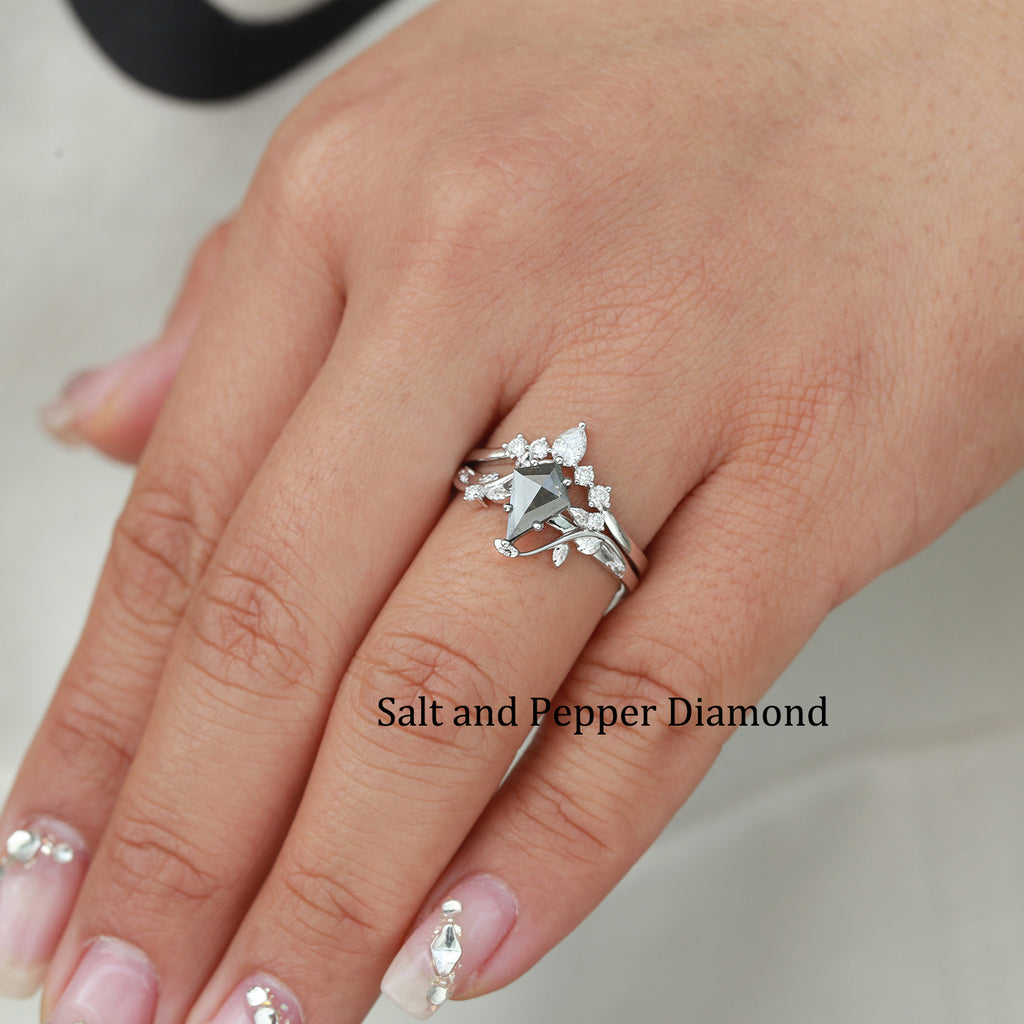 Unique Kite Cut Salt and Pepper Diamond Leafy Bridal Ring Sets 2pcs - Willow