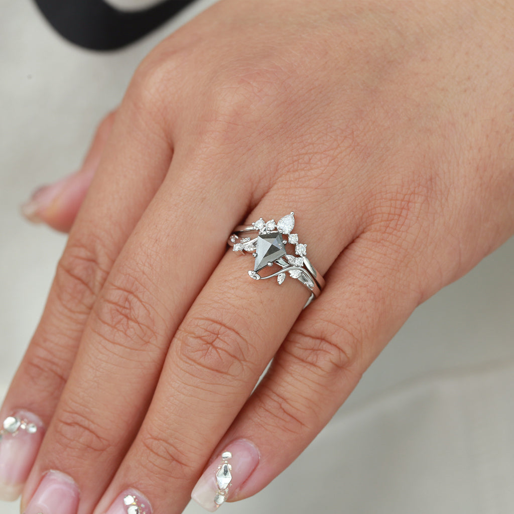 Unique Kite Cut Salt and Pepper DiamondLeafy Engagement Ring