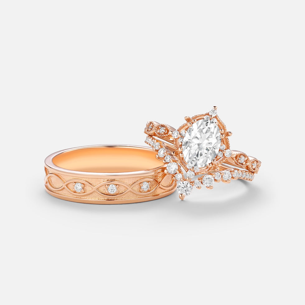 Signature Vintage - Oval Cut Moissanite Cage Vintage Couple Ring Set 3pcs - Charlotte