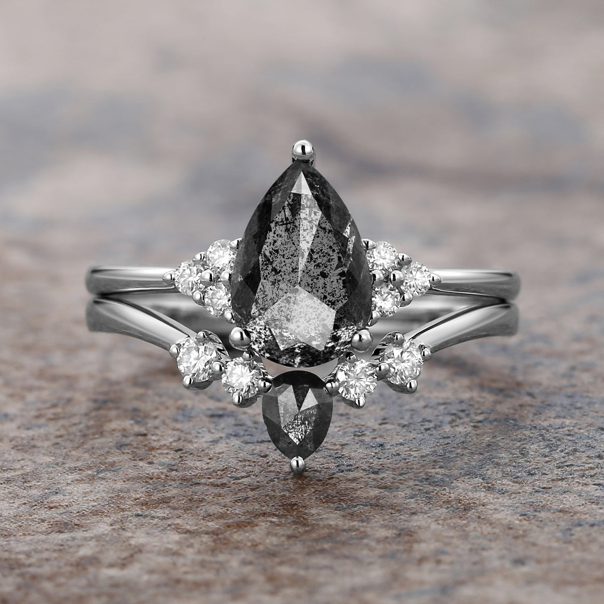 Twinning Rings Twinning Pear Cut Salt and Pepper Diamonds Engagement Ring Sets 2pcs ...