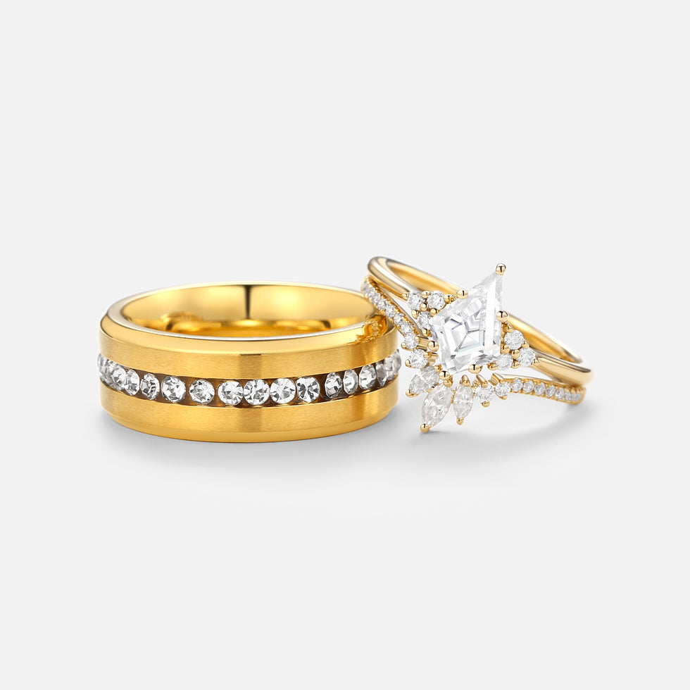 Unique Kite Cut Moissanite Vintage Couple Ring Set 3pcs - Lydia