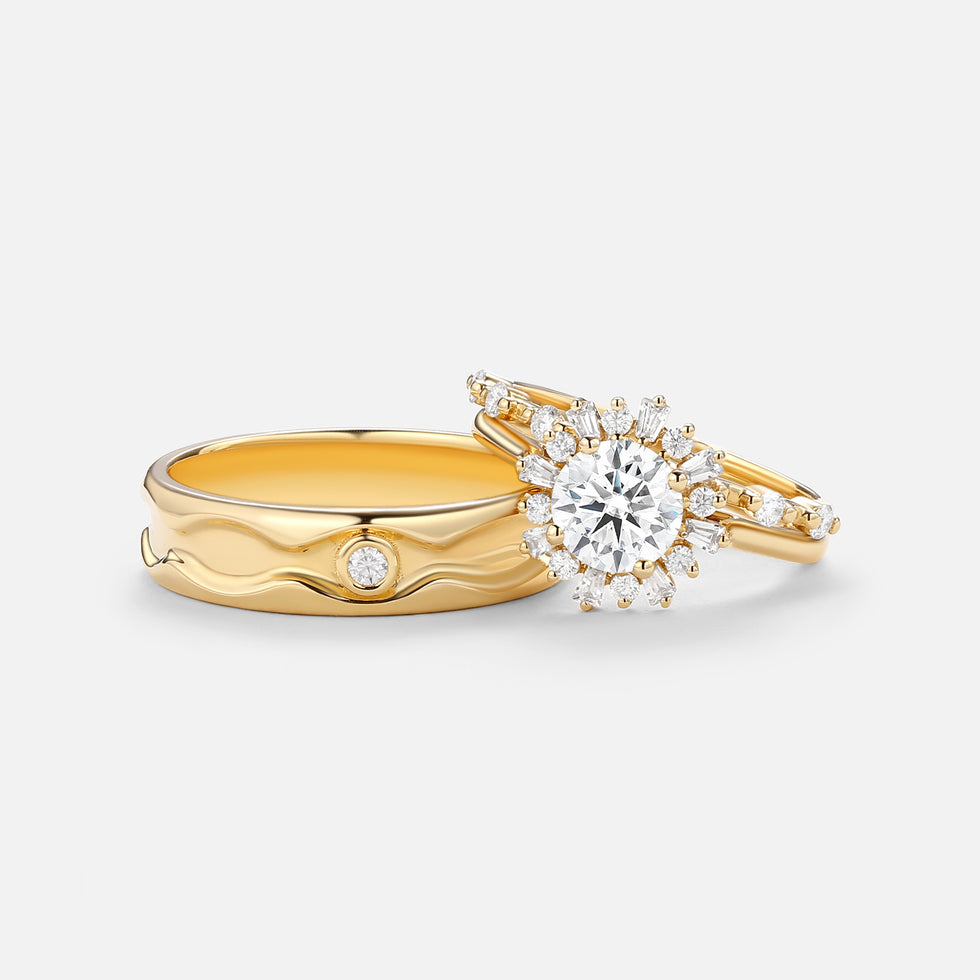 Round Moissanite Halo Floral Ring Set 3pcs - Sol