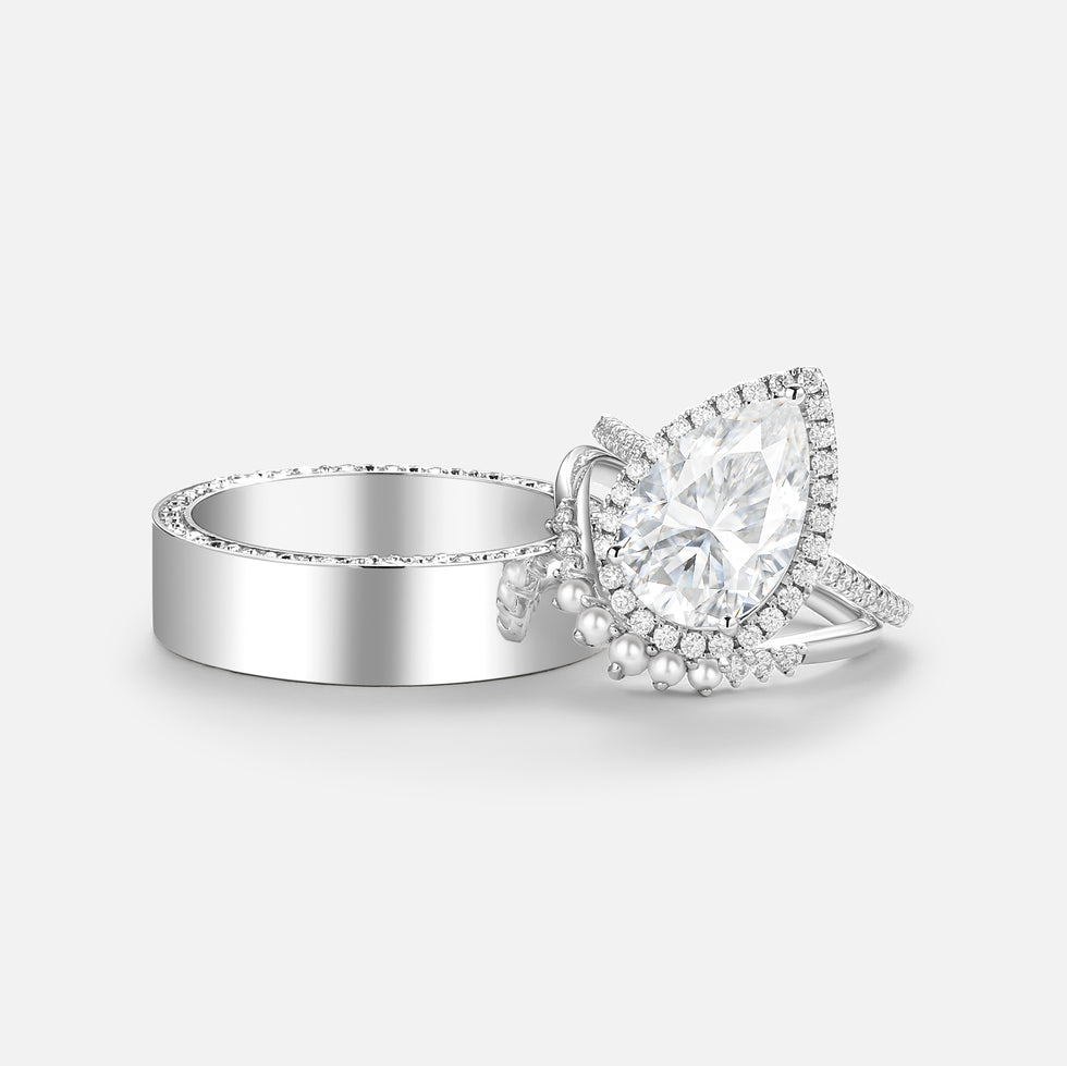 Pear Moissanite & Pearl Classic Halo Couple Ring Set 3pcs