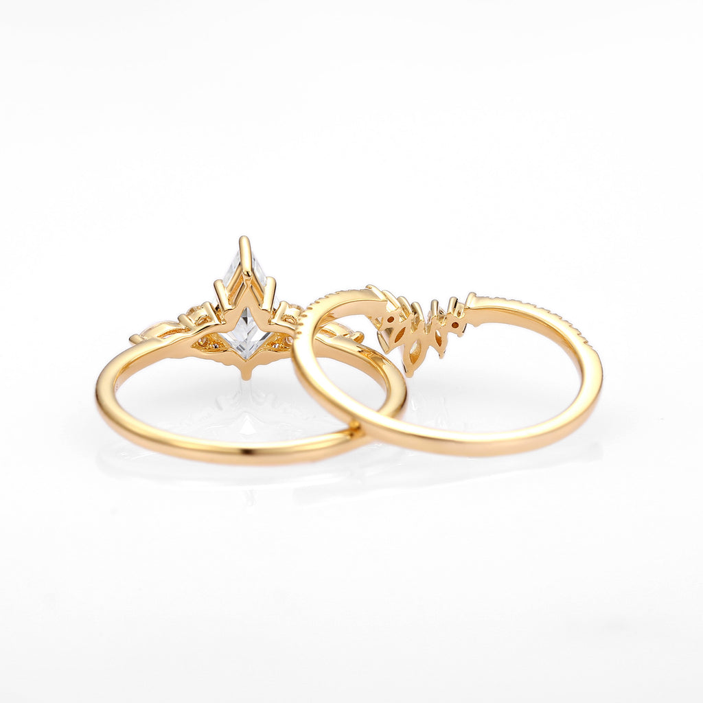 Kite Cut Moissanite Three Stone Engagement Ring Set 2pcs - Rebecca