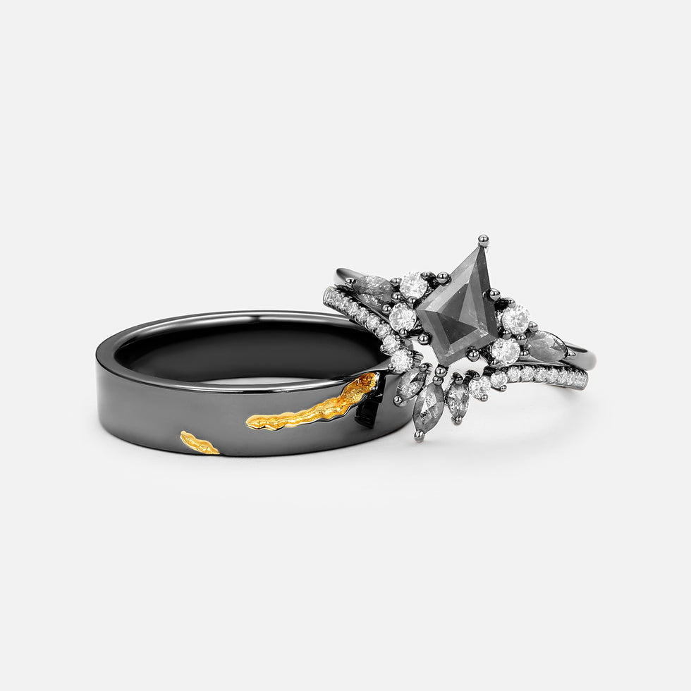 Black Gold Kite Cut Salt and Pepper Diamonds Engagement Couple Ring Set 3pcs - Rebecca