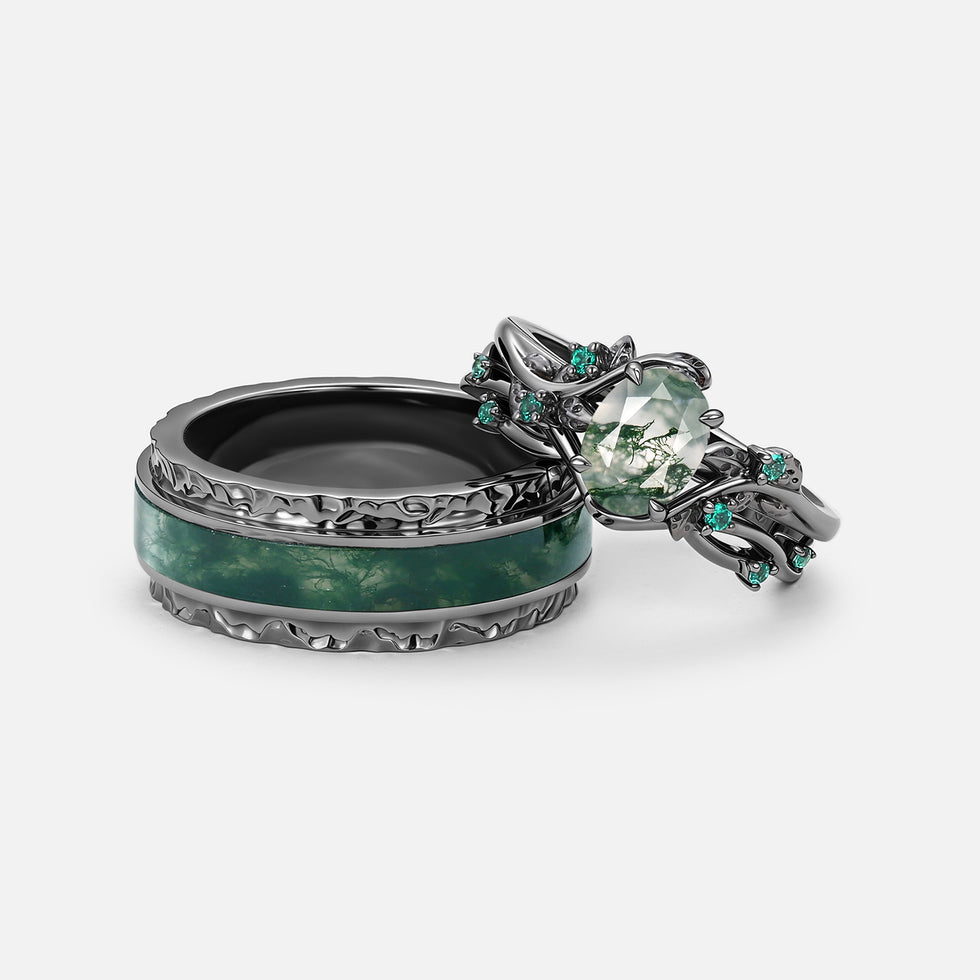 Nature Inspired - Black Gold Oval Moss Agate Leafy Couple Ring Set 3pcs - Mossy