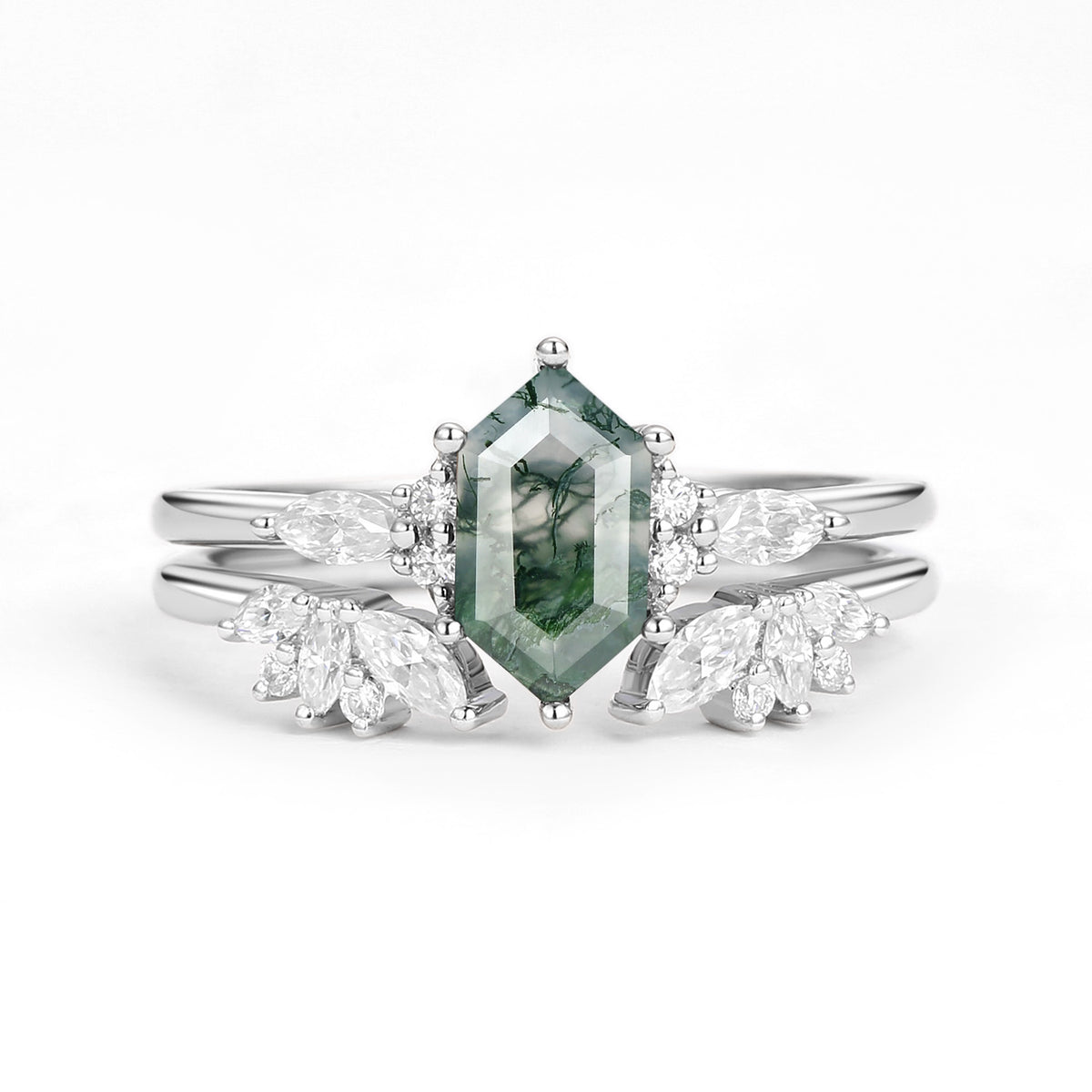 Hexagon Moss Agate Open Engagement Ring Set 2pcs – Felicegals