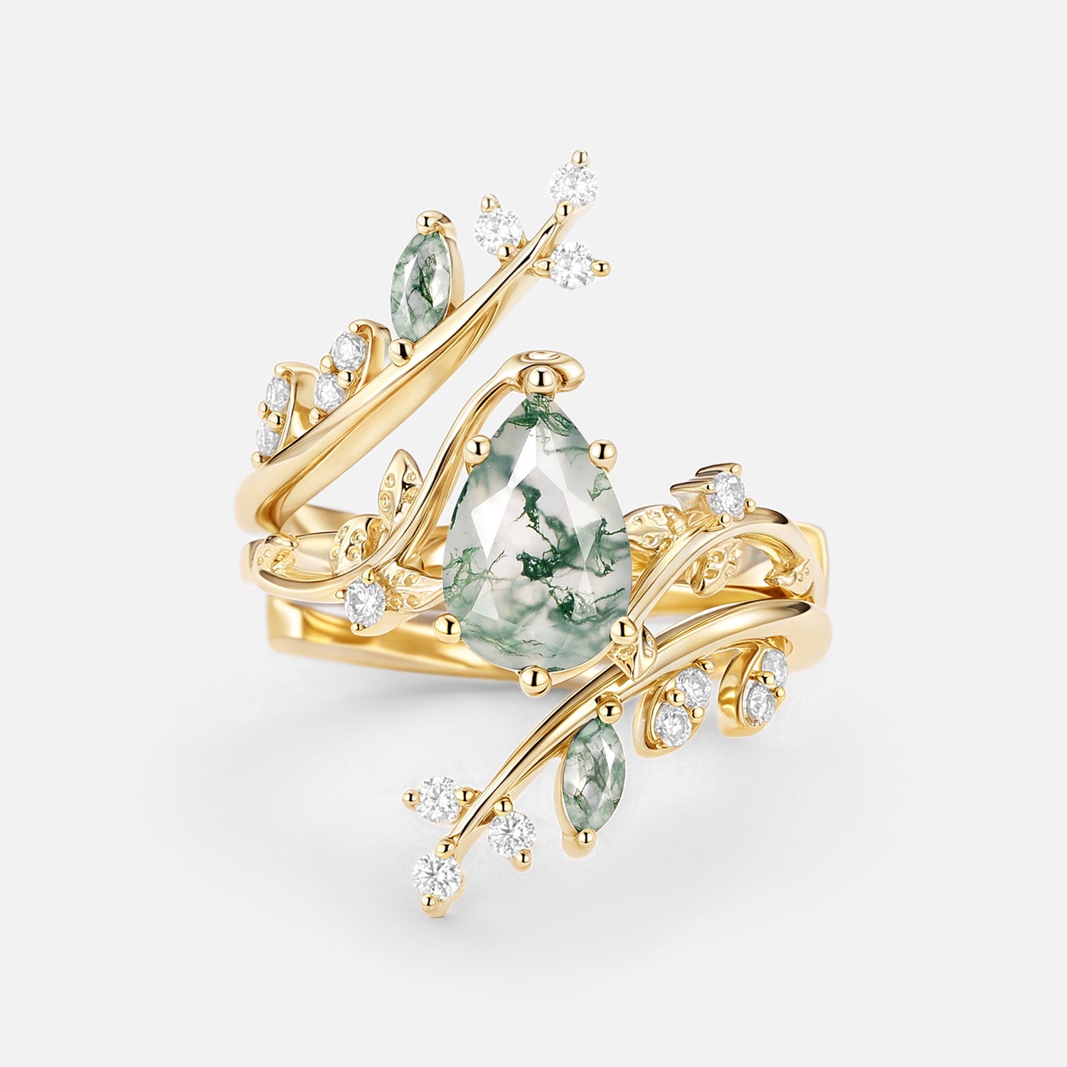 Nature Inspired - Unique Pear Cut Moss Agate Cage Leafy Ring 2pcs - Knight