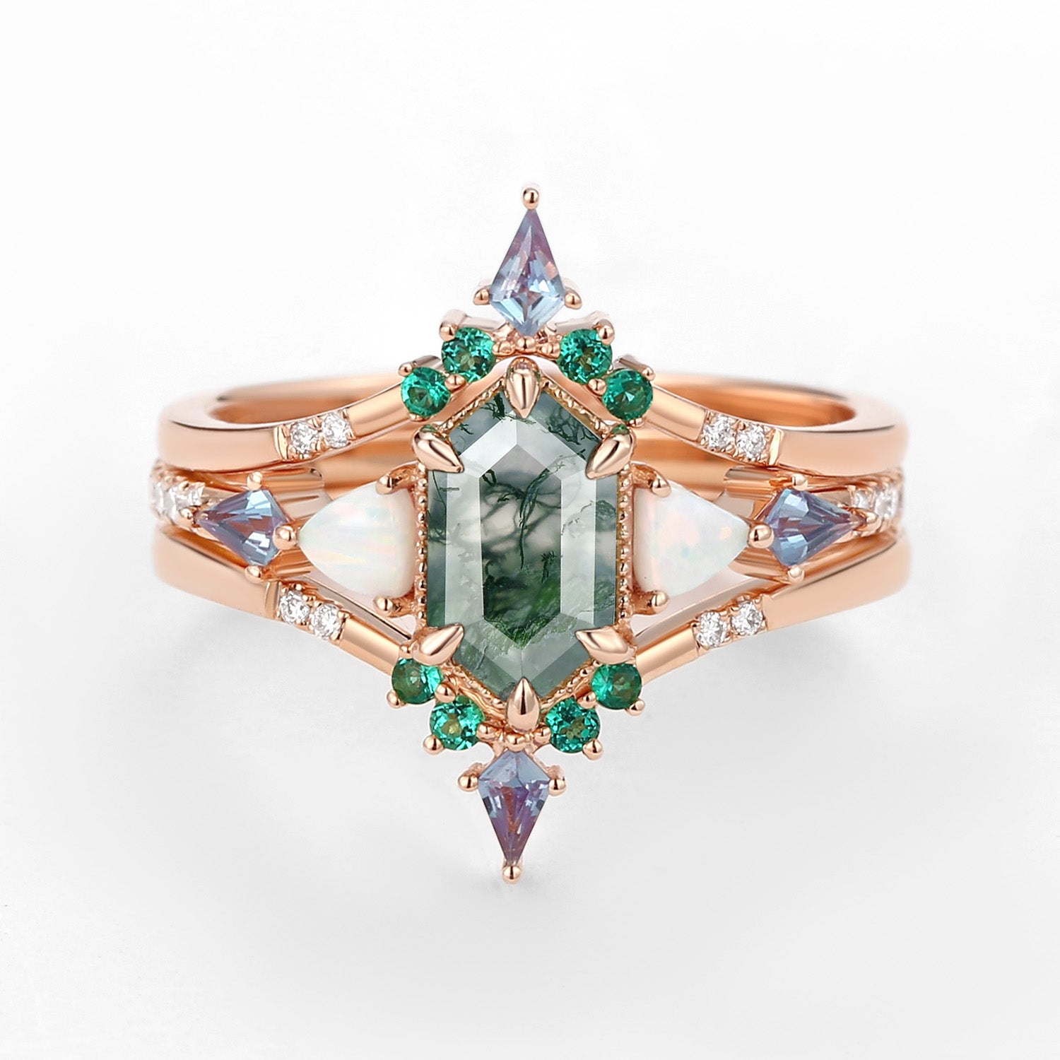 Vintage Hexagon cut moss agate engagement ring nature inspired outlet alexandrite ring women leaf emerald ring rose gold branch wedding ring gift