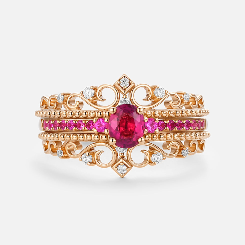Oval Cut Lab Ruby Antique Engagemetn Ring Set 3pcs - Mae