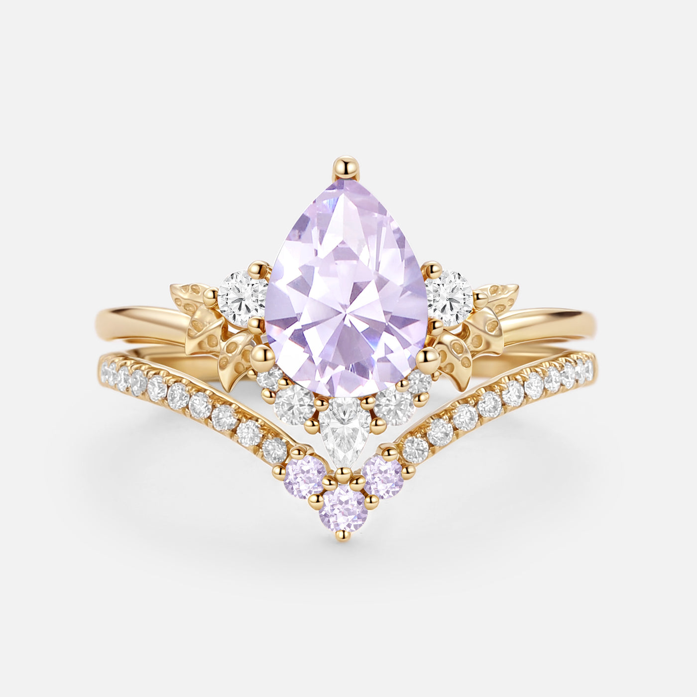 Pear Cut Lab Lavender Sapphire Leafy Ring Sets 2pcs - Mauve
