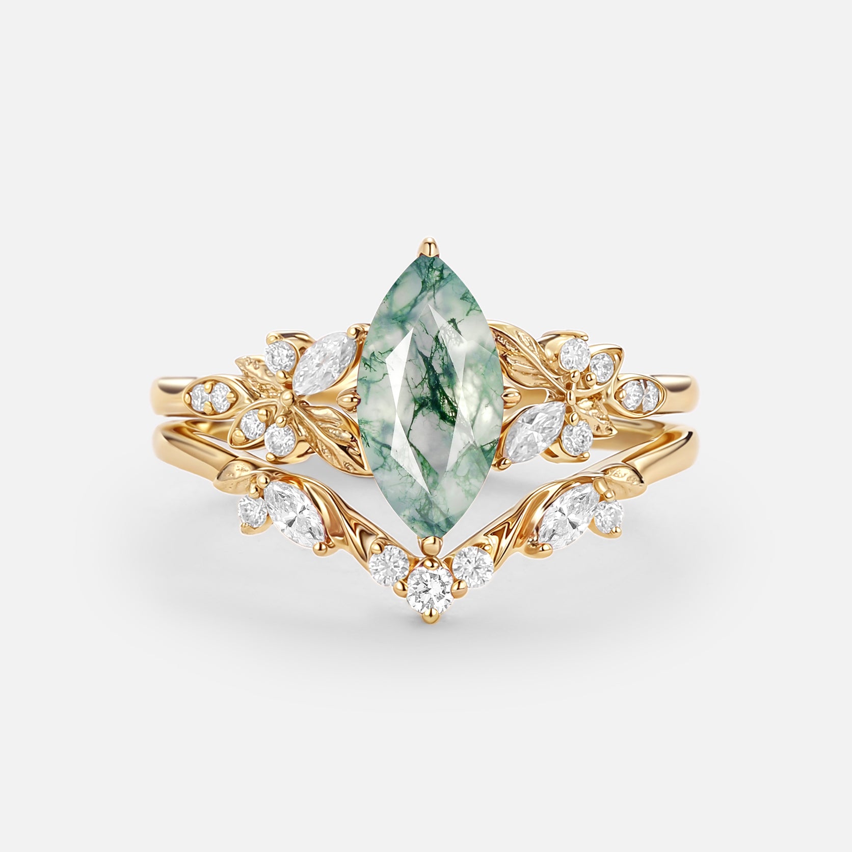 Marquise Moss Agate Leafy Engagement Ring Sets 2pcs - Peony