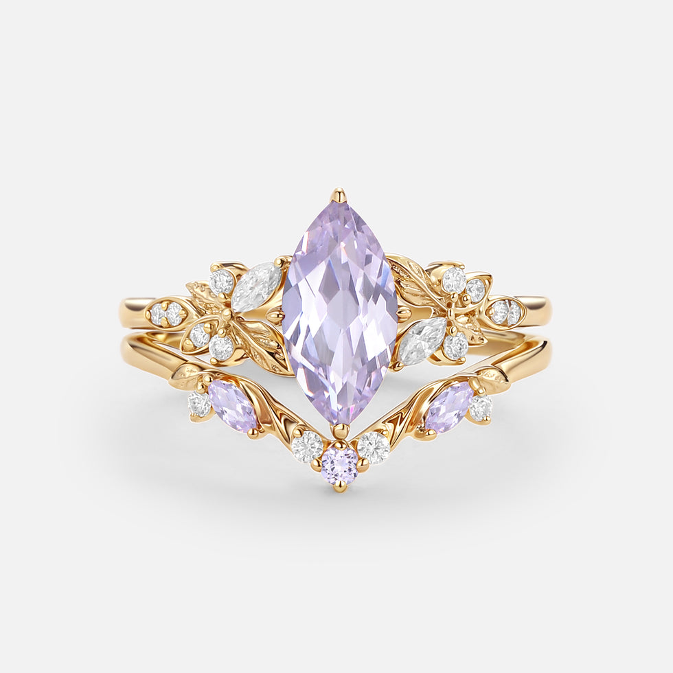 Marquise Leafy Lab Lavender Sapphire Engagement Ring Sets 2pcs - Peony
