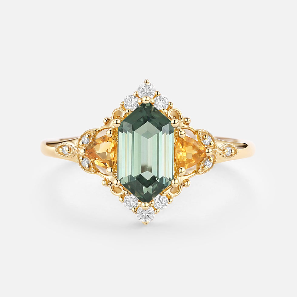 Vintage Long Hexagon Lab Green Sapphire Engagement Ring - Herald
