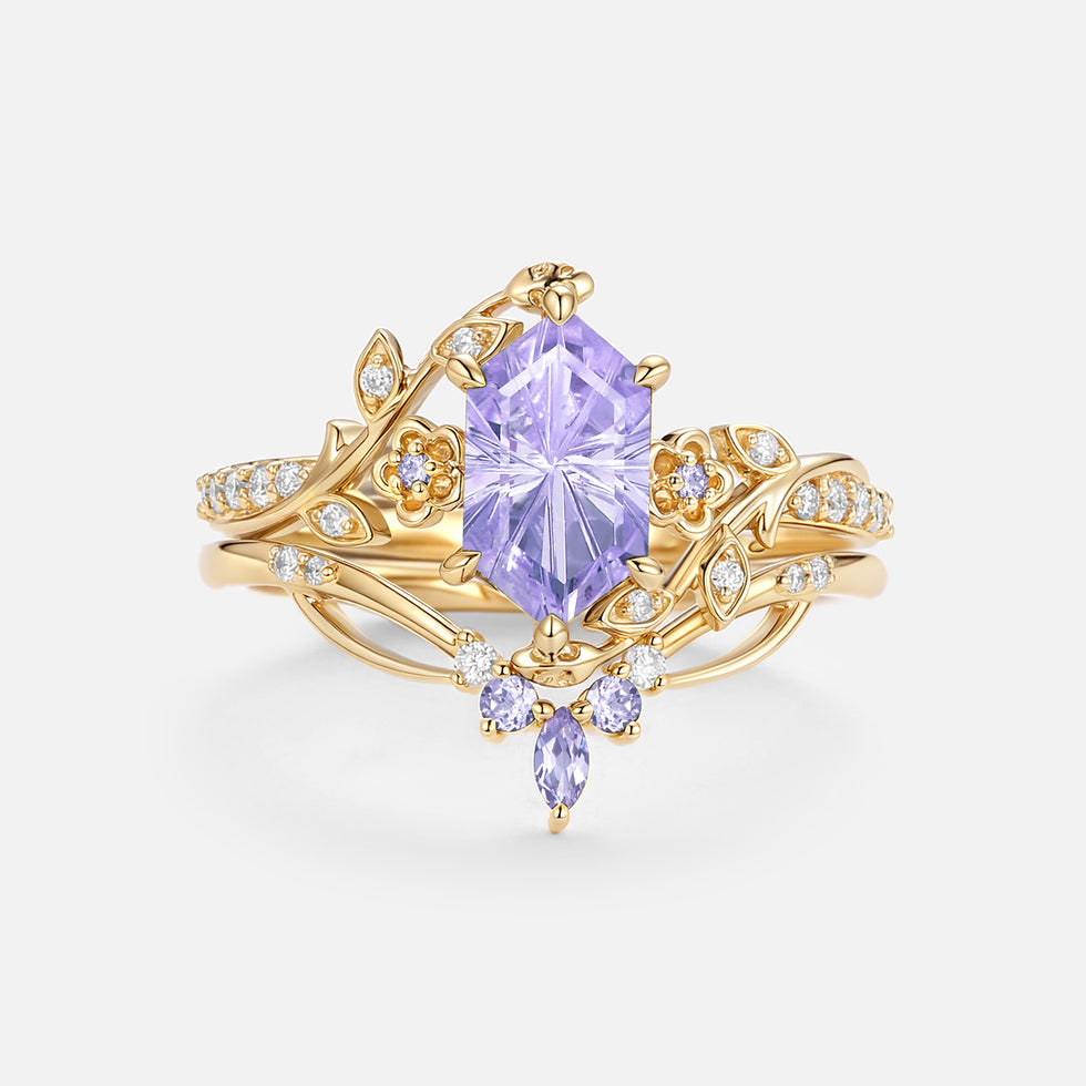 Fireworks Cut Lab Lavender Sapphire Hexagon Engagement Ring Set - Zane