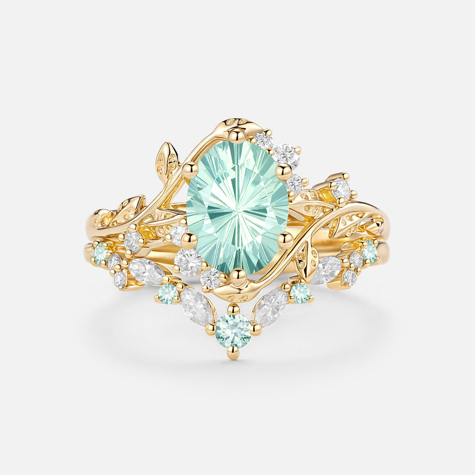 Firework Cut Oval Leafy Lab Green Sapphire Engagement Ring Set 2pcs - Lilac