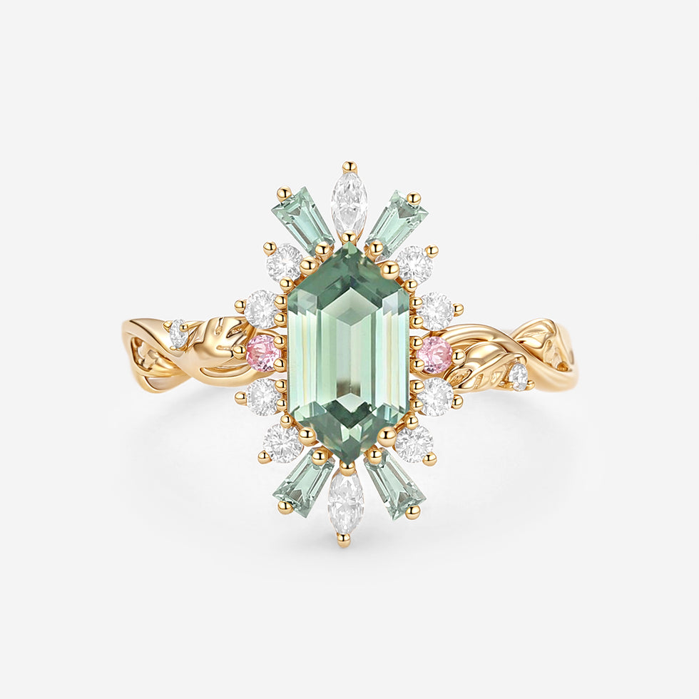 Elongated Hexagon Halo Lab Green Sapphire Engagement Ring - Artemis