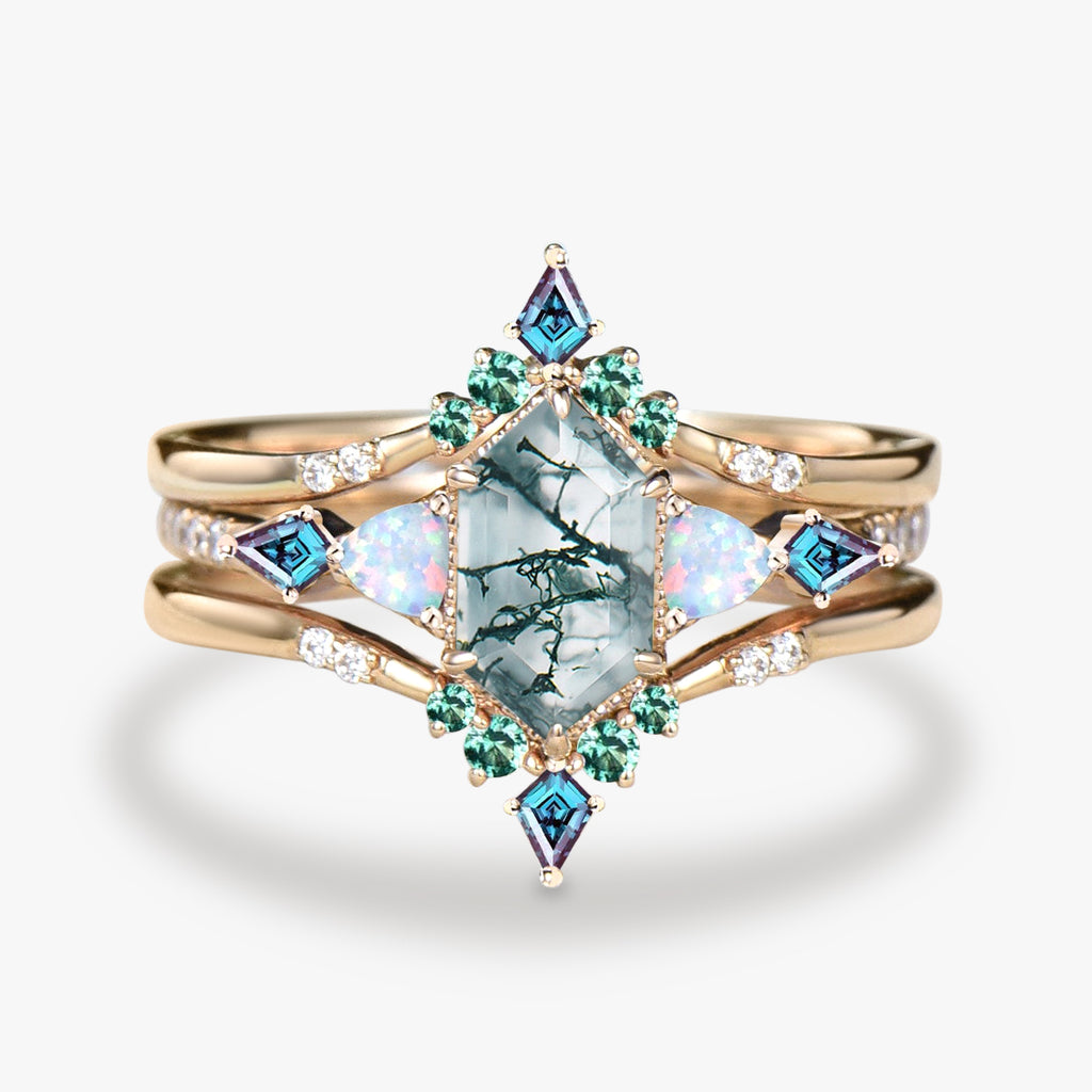Long Hexagon Moss Agate & Opal & Alexandrite & Emerald Engagement Ring Set 3pcs
