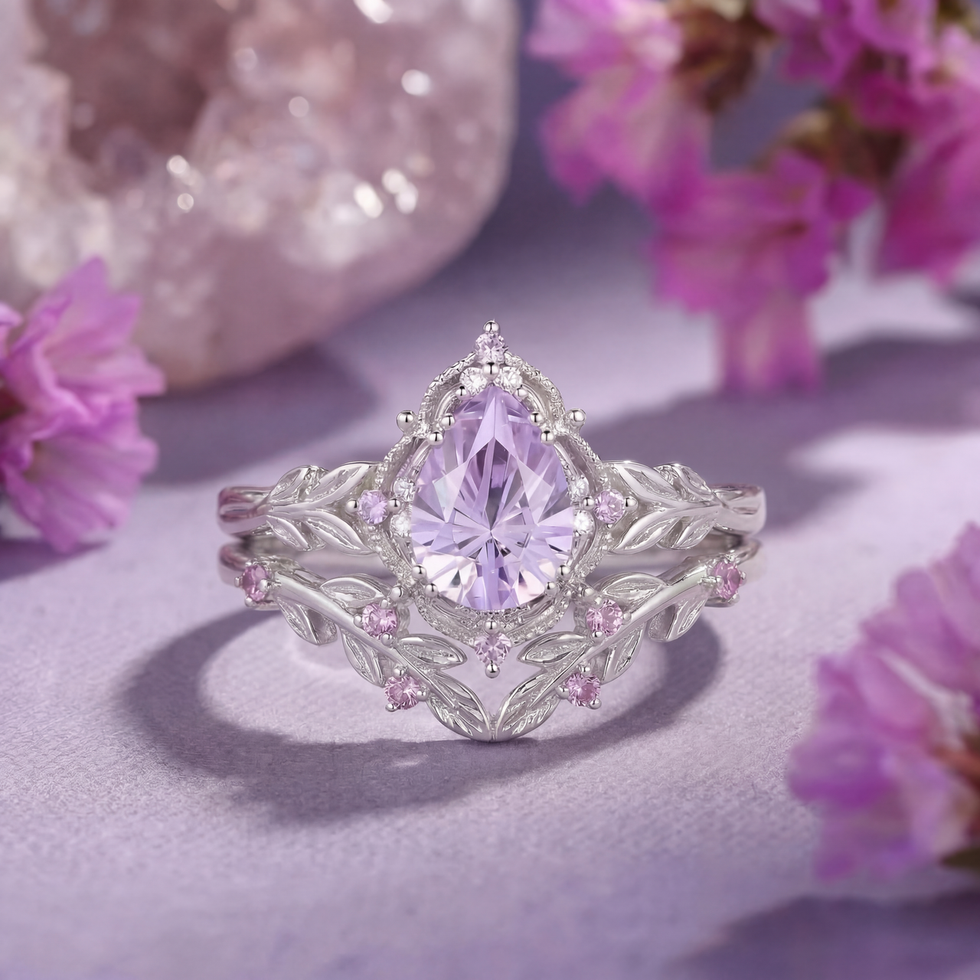 Pear Fireworks Cut Leafy Lab Lavender Sapphire Engagement Ring Set - Mia
